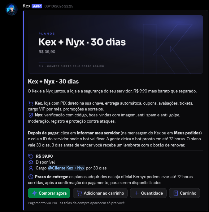 Anúncio de um produto no Discord, feito pelo Kex, com os botões Comprar agora e Adicionar ao carrinho