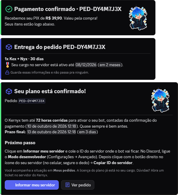 Mensagens do Kex depois do pagamento: pagamento confirmado e entrega do pedido