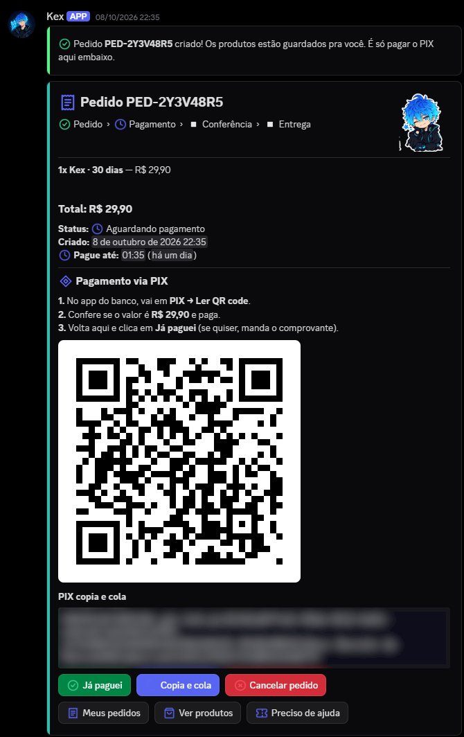 Pedido do Kex com o QR code do PIX e os botões Já paguei e Copia e cola (QR de exemplo)